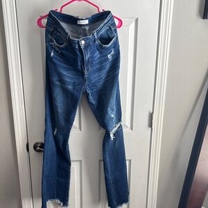 Flying Monkey Distressed Straight Leg Jeans - Dark Blue